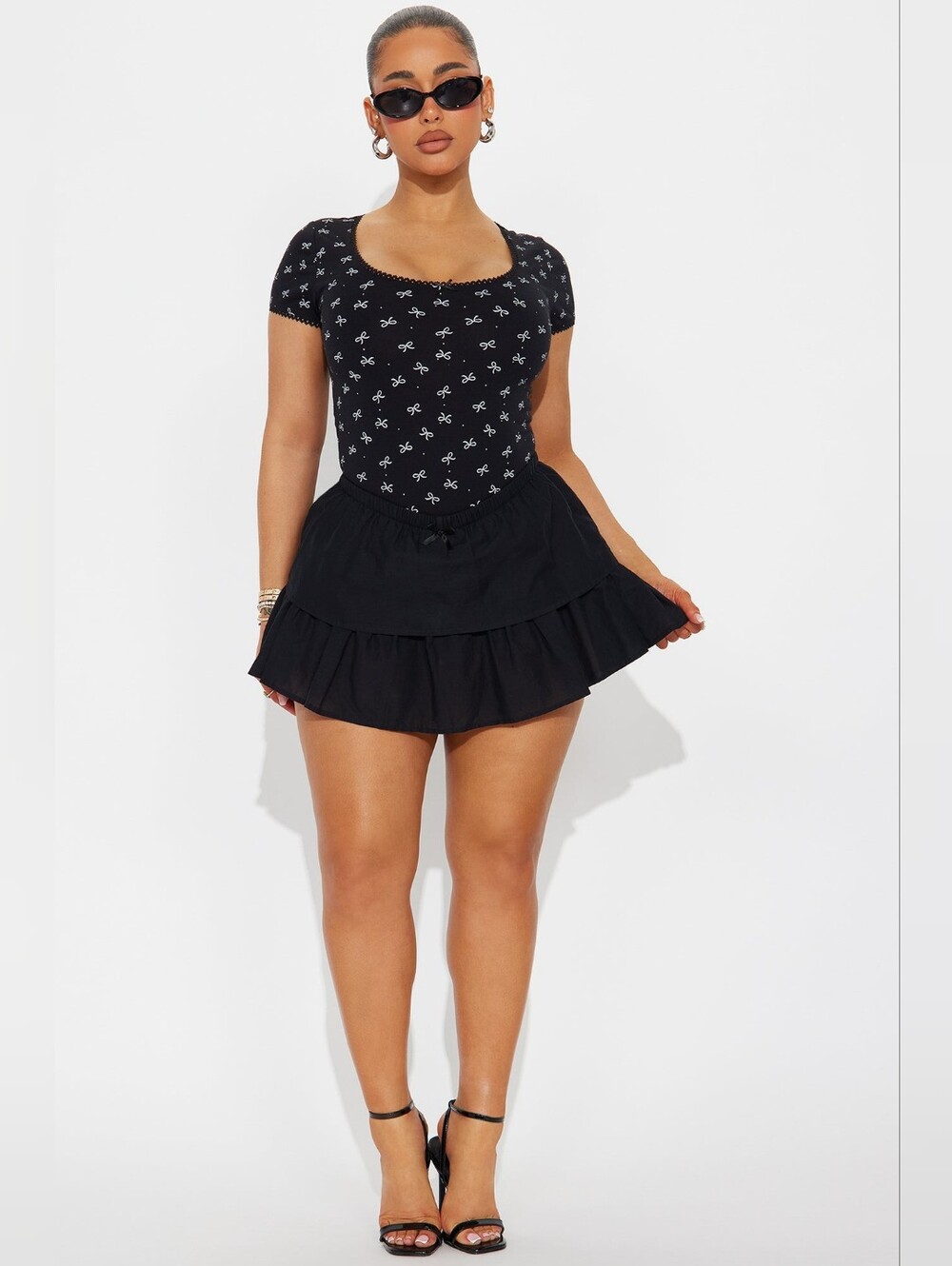1X Black Cotton Ruffle Mini Skort